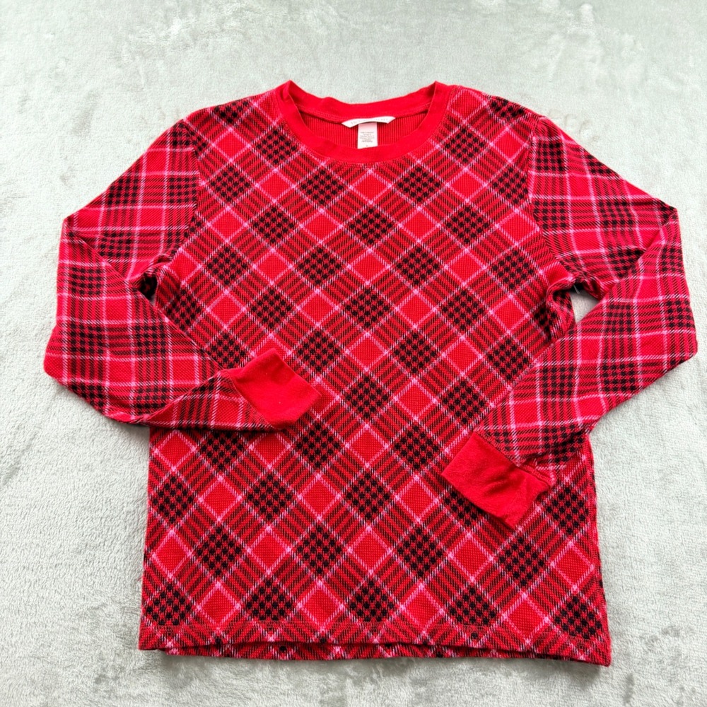 Victoria's Secret Womens Medium Waffle Knit Top Red Plaid Long Sleeve Shirt